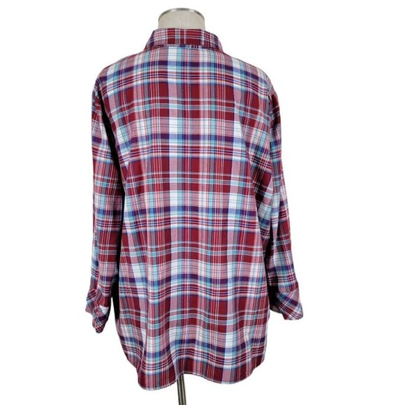 Chic Plaid Blouse Size 2X Button Front Sleeve Slit and Cuff Red Blue Vintage Y2K - Picture 3 of 15